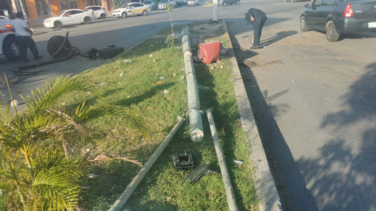 Un poste del alumbrado público terminó derribado por una de las unidades.