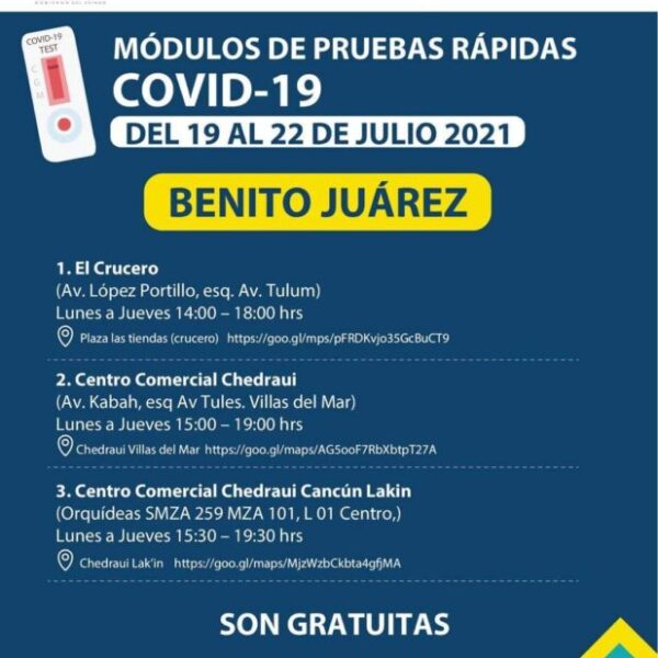 Menos días y módulos de pruebas rápidas de Covid en Cancún.