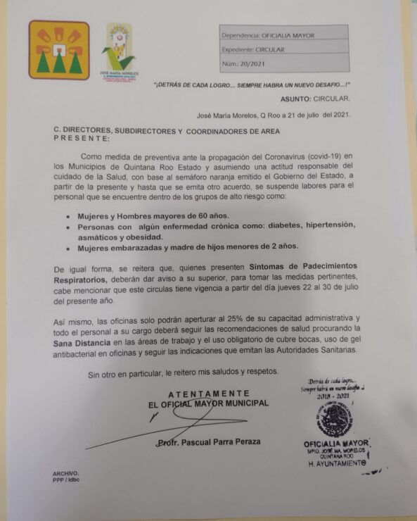 Restringen el trabajo presencial en el Ayuntamiento de José María Morelos; es una medida preventiva para evitar más contagios de Covid-19.