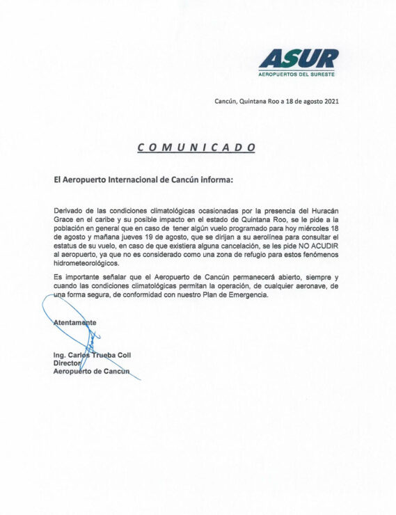 Asur pide checar status de vuelos por llegada del huracán Grace