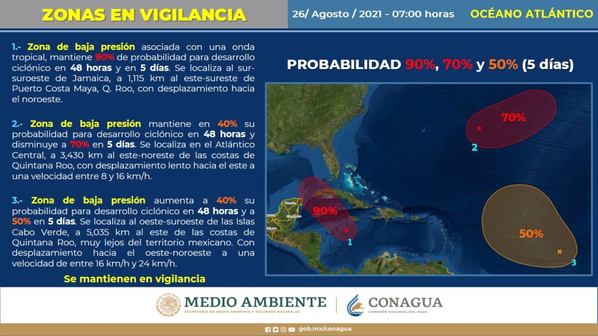 Una zona de baja presión con probabilidad de desarrollo ciclónico en el mar Caribe se desplaza hacia las costas de Quintana Roo; por lo que se mantendrá en vigilancia.