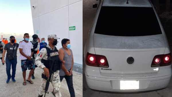 Dos detenidos en carro con reporte de robo y en posesión de drogas.