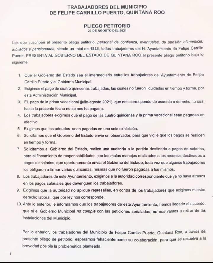 FCP: Trabajadores en paro exigen auditoria al edil José Esquivel; En un pliego petitorio piden la intervención del Gobierno del Estado.