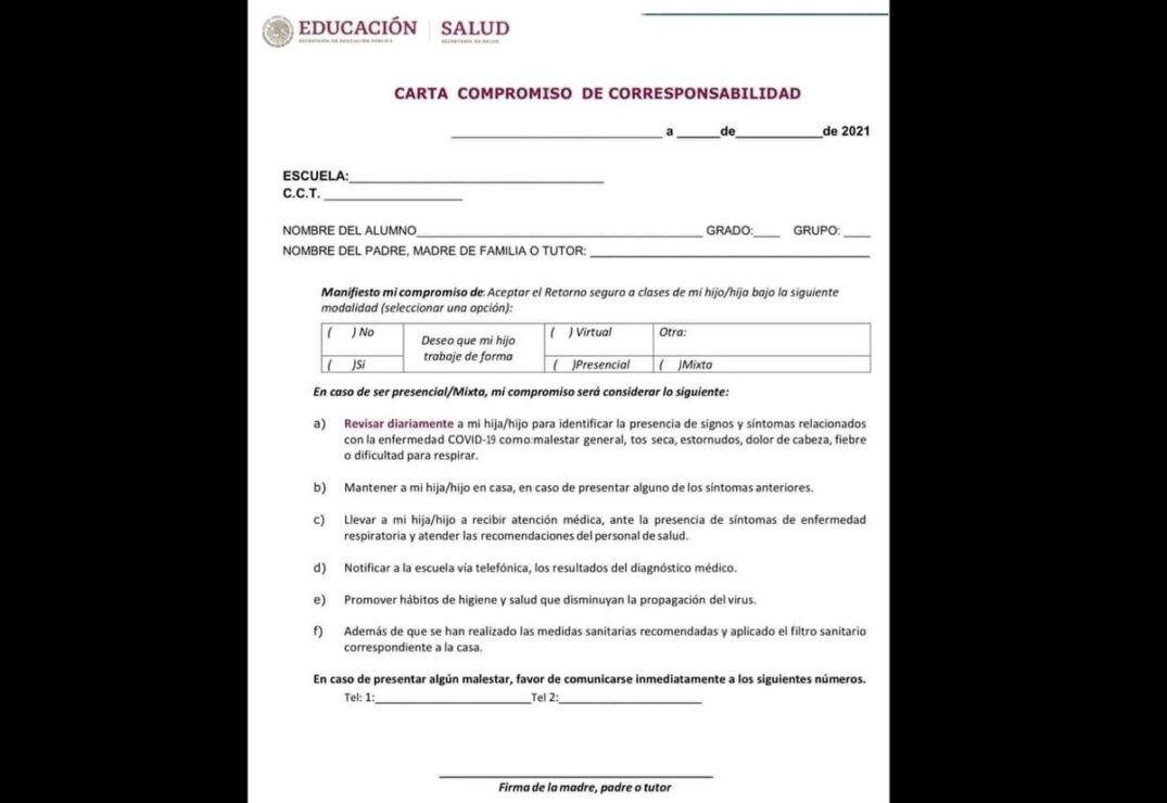 Decisión de padres de familia enviar a sus hijos a clases presenciales; la carta compromiso que anunció la SEP no será obligatoria.