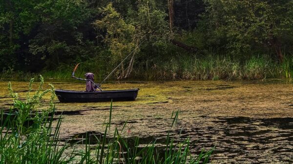 La figura de la muerte sentada en una canoa en medio de un lago, ha causado el asombro de los cibernautas
