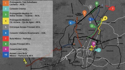 Mapa del Sistema Aeroportuario Metropolitano, en el que se ven las conexiones que tendrá el Aeropuerto Internacional Felipe Ángeles.