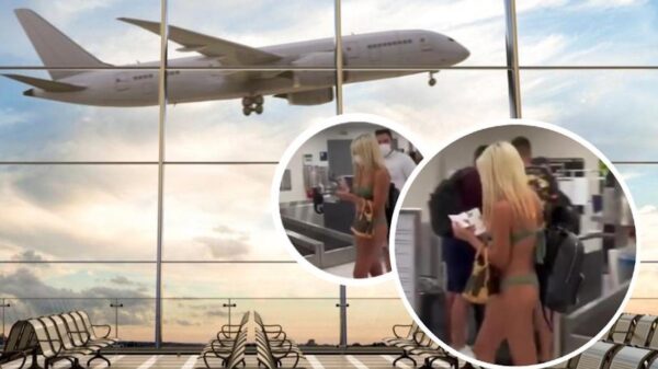 ¿Se equivocó de lugar? Mujer pasea en traje de baño en aeropuerto
