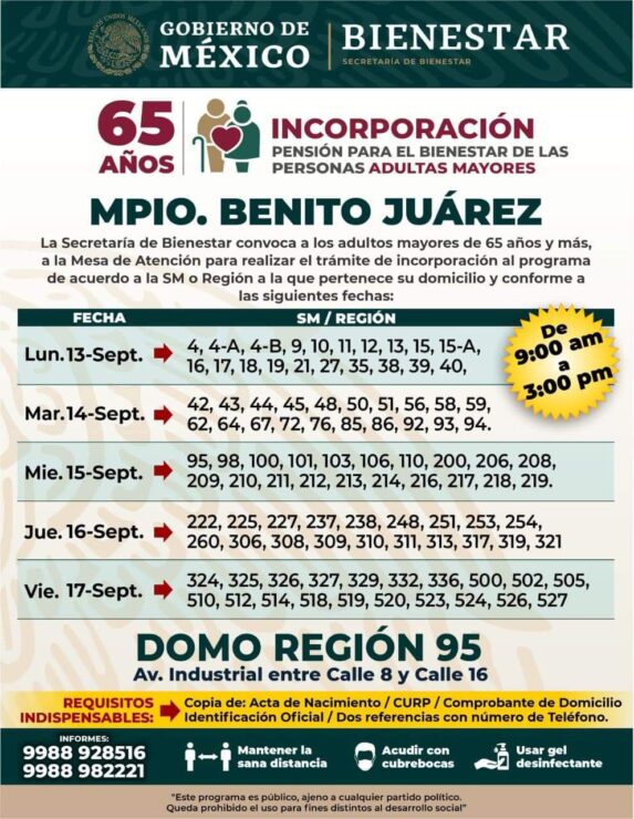 Inicia el lunes 13 el registro para pensión del Bienestar en Cancún; los mayores de 65 años deberán acudir al módulo en el Domo de la 91, según calendario.