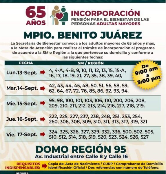Inicia mañana 13 de septiembre el registro para pensión del Bienestar en Cancún.