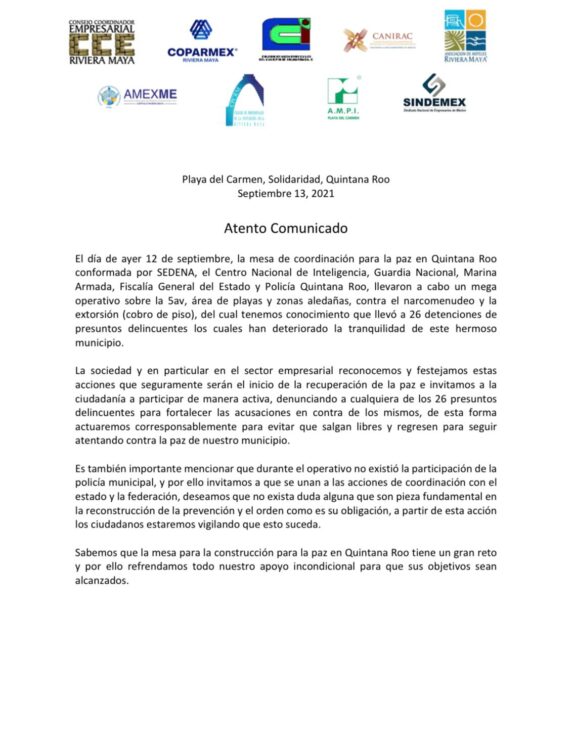 El sector empresarial de Playa del Carmen respaldaron las acciones encaminadas a brindar seguridad.