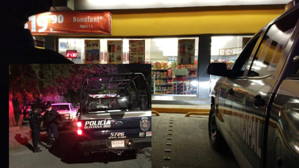 Cancún: Asaltan y roban arma a policía en tienda de conveniencia
