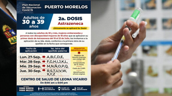 Invita gobierno de Puerto Morelos a treintañeros a recibir segunda dosis de vacuna contra el covid-19