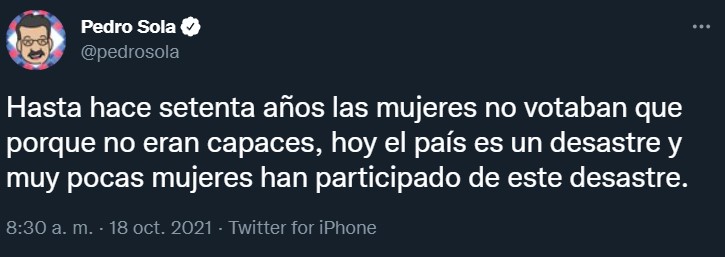 Critican a Pedro Sola por tuit sobre el voto femenino