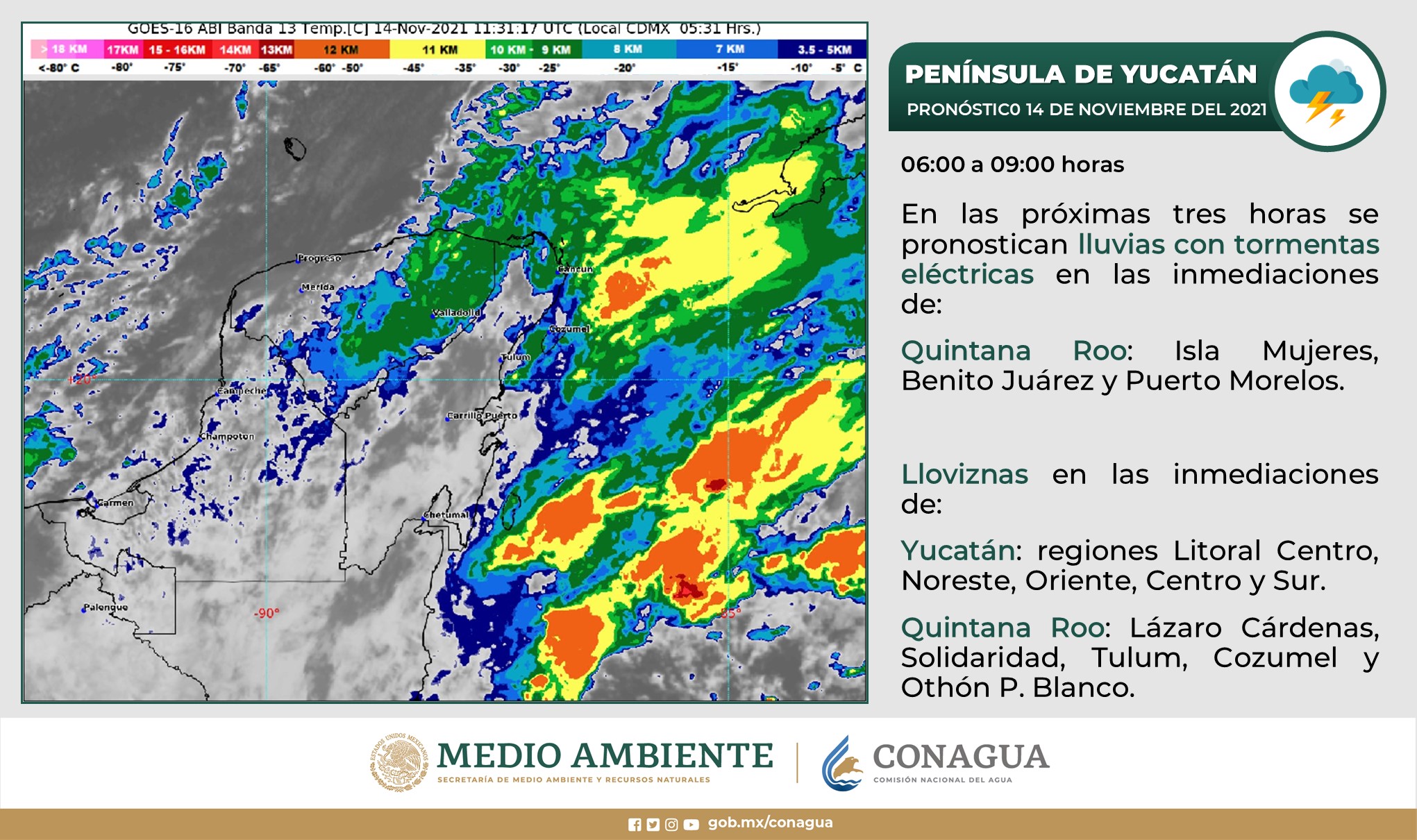 Pronóstico de clima para hoy domingo 14 de noviembre en Quintana Roo; el frente frío número 8 provocará lluvias fuertes a muy fuertes.