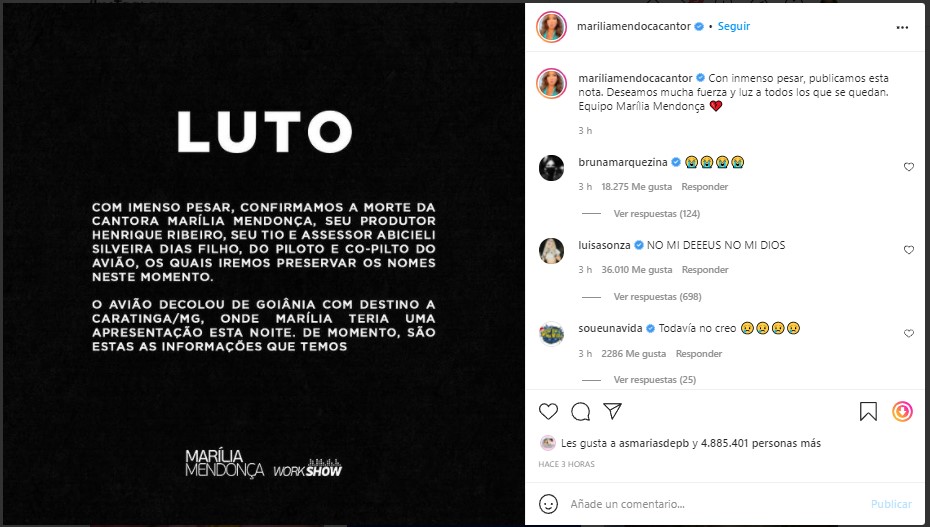 La cantante brasileña Marília Mendonça muere en accidente aéreo