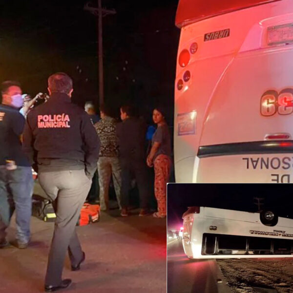 Volcadura de autobús deja 14 trabajadores lesionadas