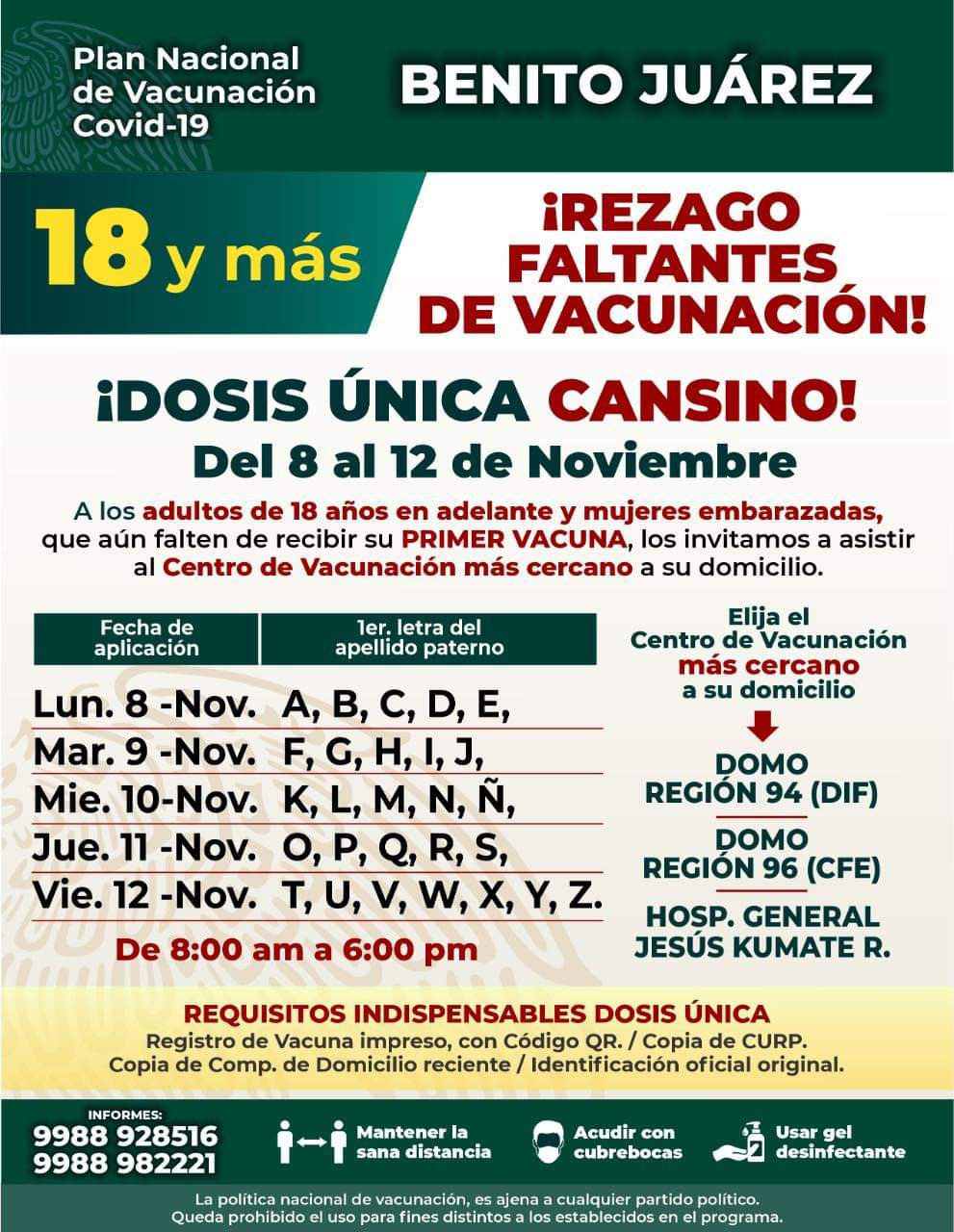 Cancún: Habrá campaña de vacunación contra Covid para rezagados; a partir de 18 años y mujeres embarazadas recibirán dos única de CanSino.