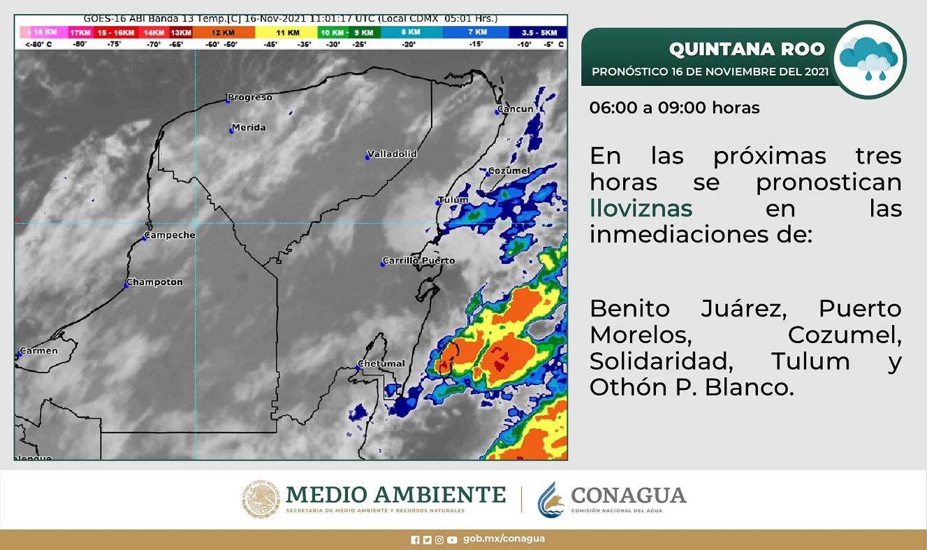 Clima: Se esperan lluvias fuertes para hoy martes en Quintana Roo; canales de baja presión interactúan con entrada de humedad hacia la Península.