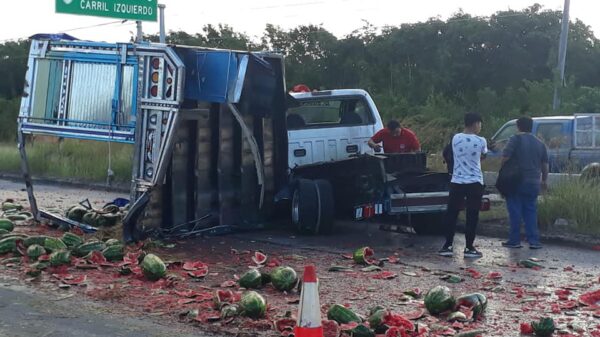 Sacaron jugo a las sandías en un percance carretero en Puerto Aventuras.