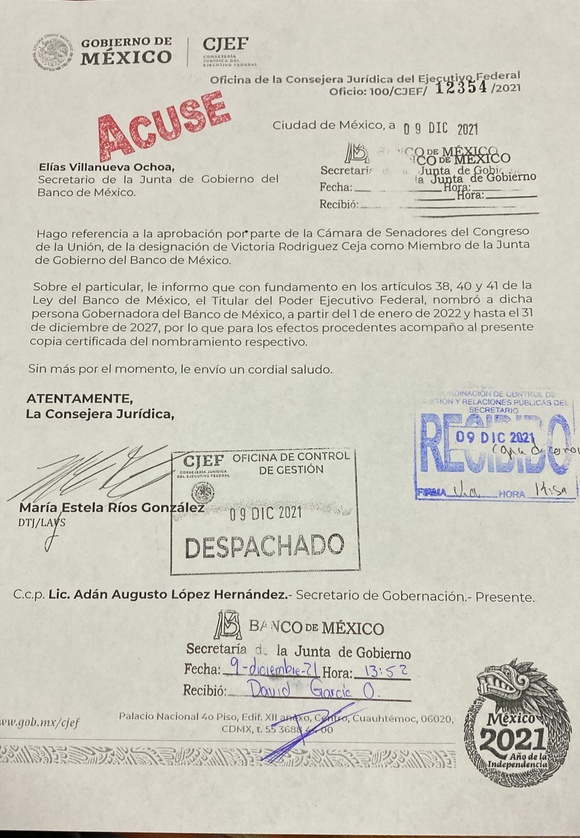 El nombramiento está firmado por el mandatario y dirigido a Victoria Rodríguez, ex subsecretaria de Egresos de la secretaría de Hacienda y Crédito Público.