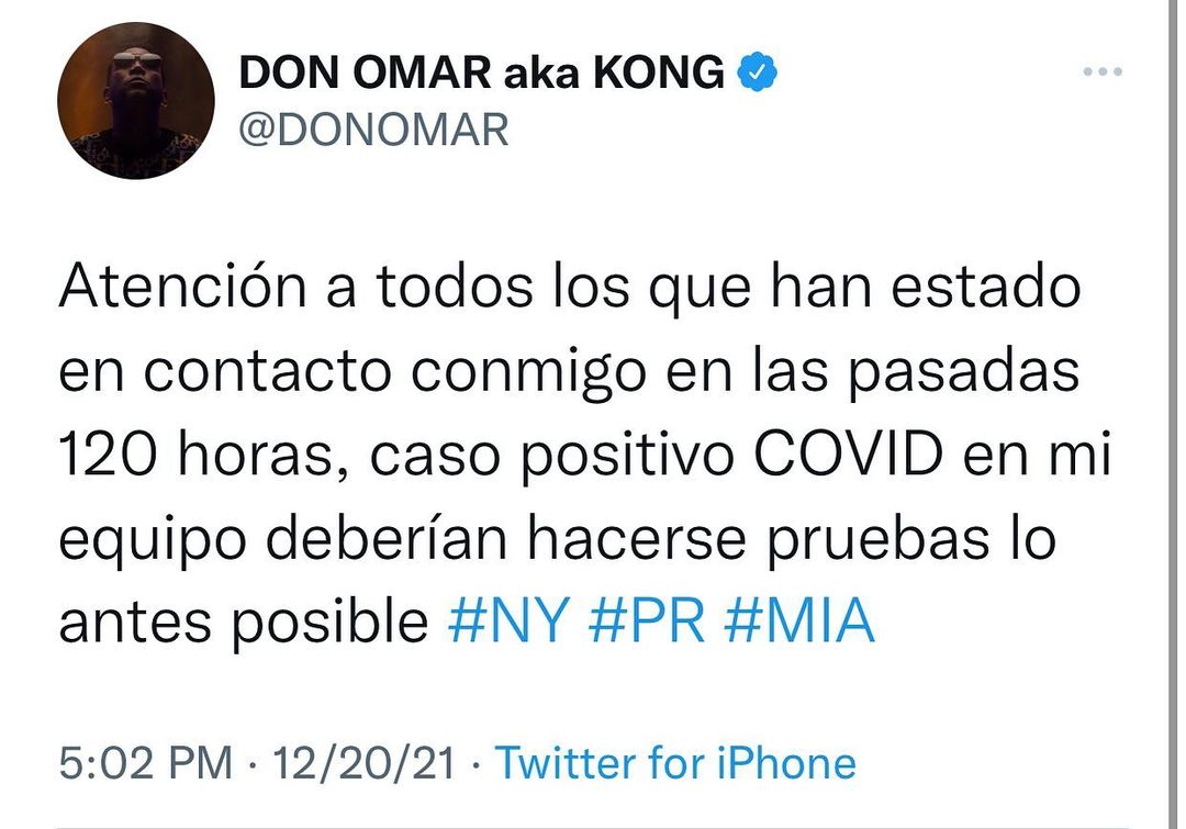Don Omar alerta sobre positivo a Covid-19 en su equipo de trabajo