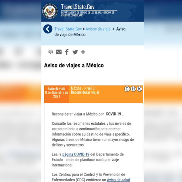 Pide USA reconsiderar viajar a México a causa del covid-19