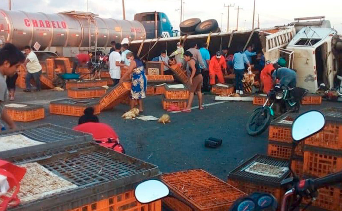 Se llevan los pollos para la cena navideña, tras volcarse tráiler