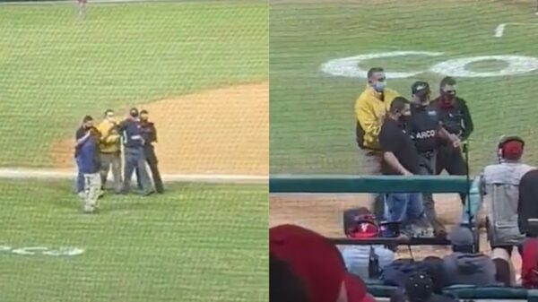 Umpire es detenido en pleno juego (video)