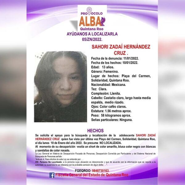 Reportan desaparición de menor de 13 años en Playa Del Carmen