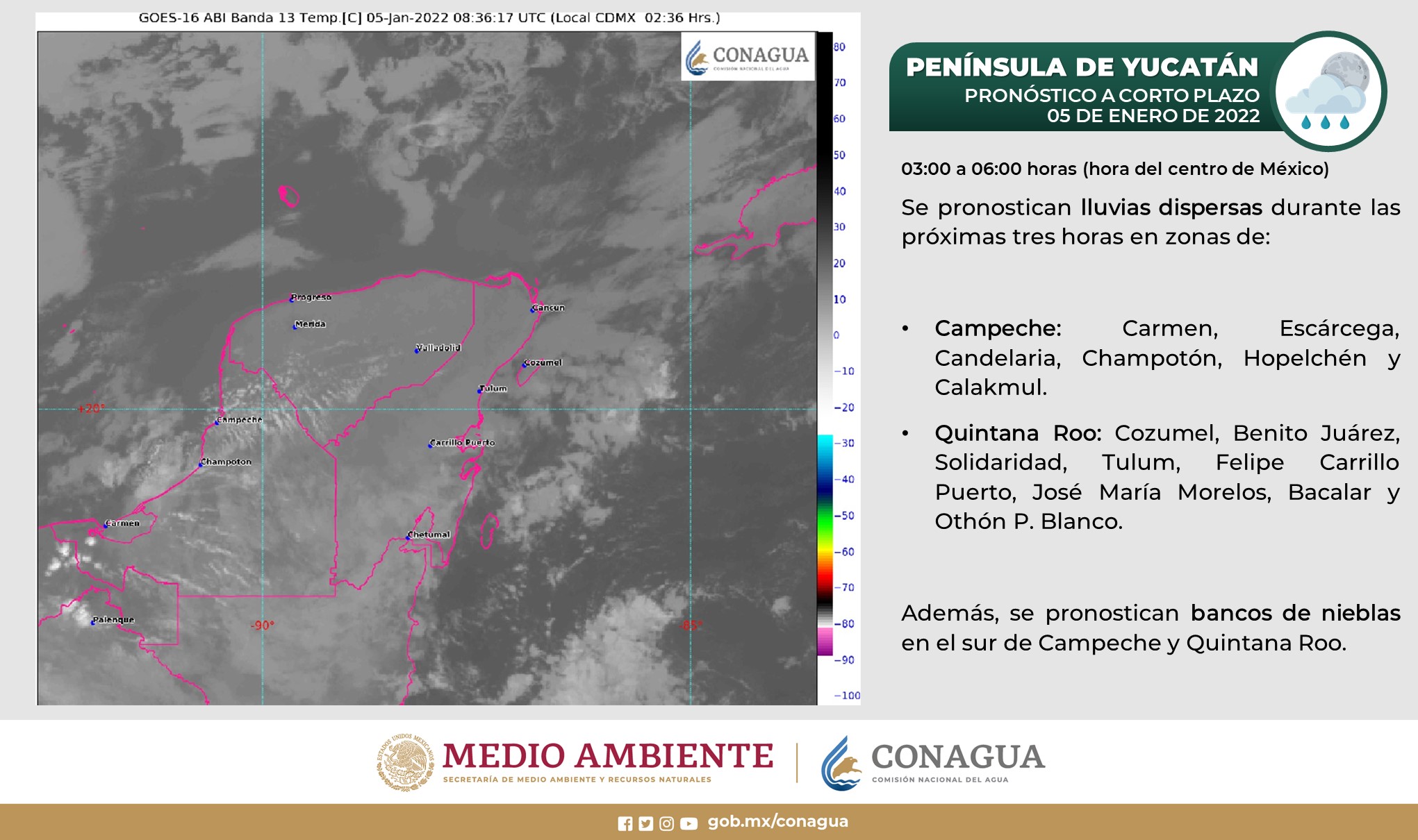 Clima: Se prevén chubascos para hoy miércoles en Quintana Roo; cielo nublado y temperaturas frescas para hoy en la Península de Yucatán.