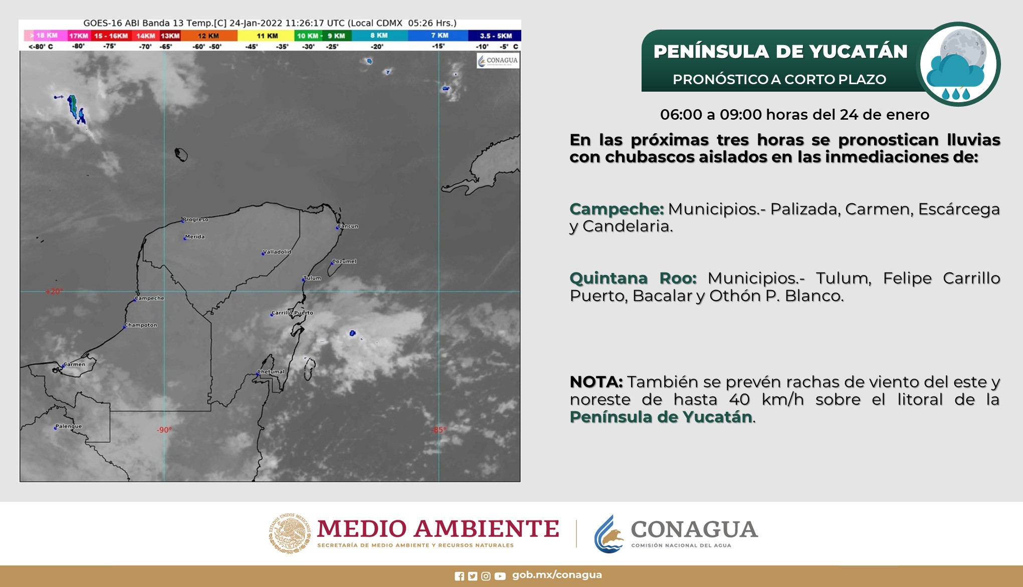 Pronóstico del clima para hoy lunes 24 de enero en Quintana Roo; cielo medio nublado a nublado y probabilidad de chubascos.