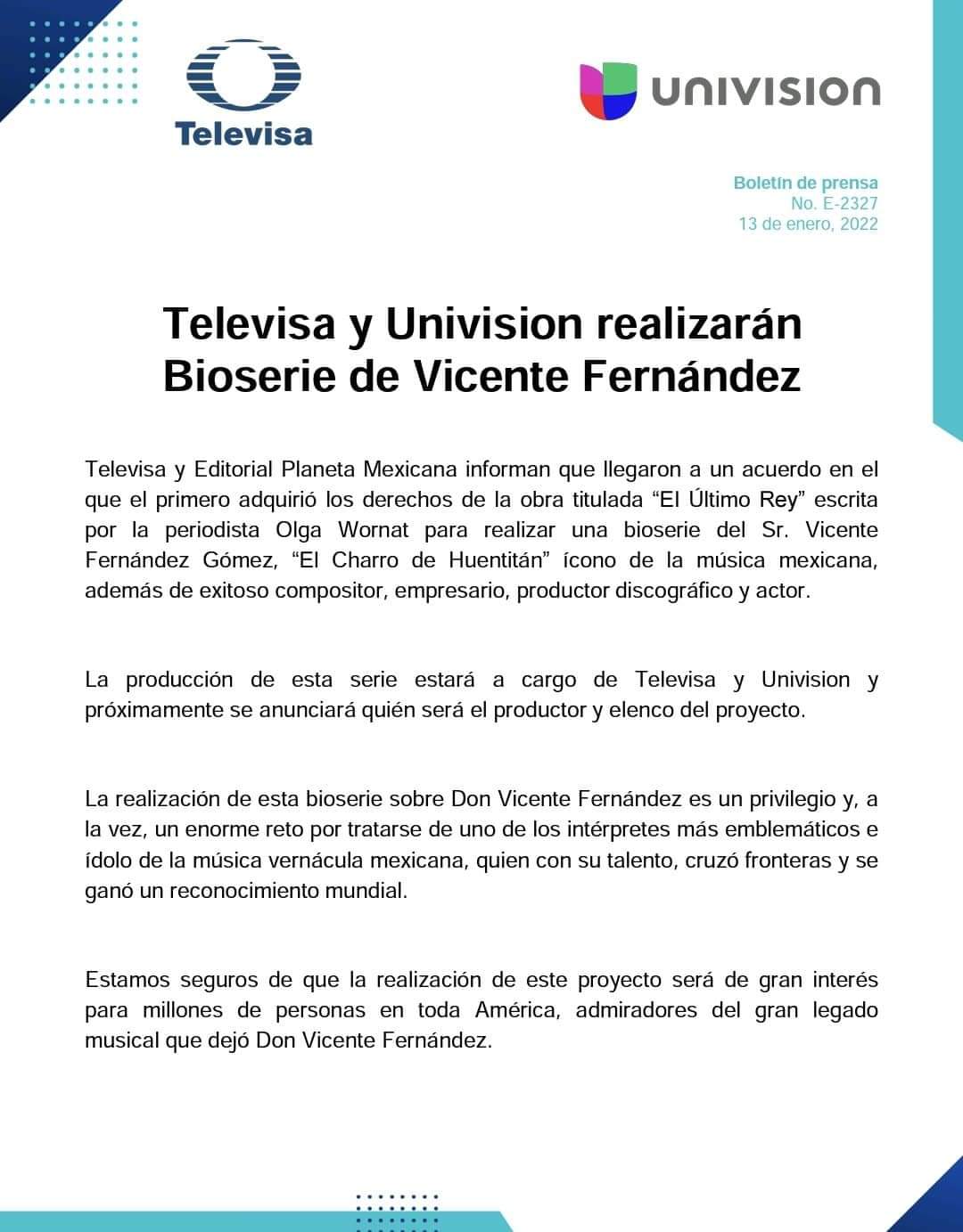 Televisa y Univision anuncian bioserie de Vicente Fernández