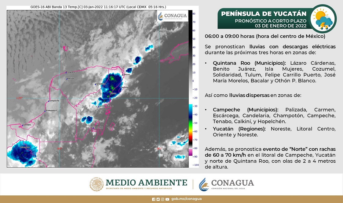 Clima Quintana Roo: Evento de 'norte' por el frente frío número 19; para este lunes 3 de enero se prevé un día lluvioso.