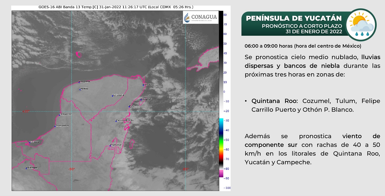 Pronóstico del clima para hoy lunes 31 de enero en Quintana Roo; probabilidad de chubascos para la Zona Sur de la entidad.