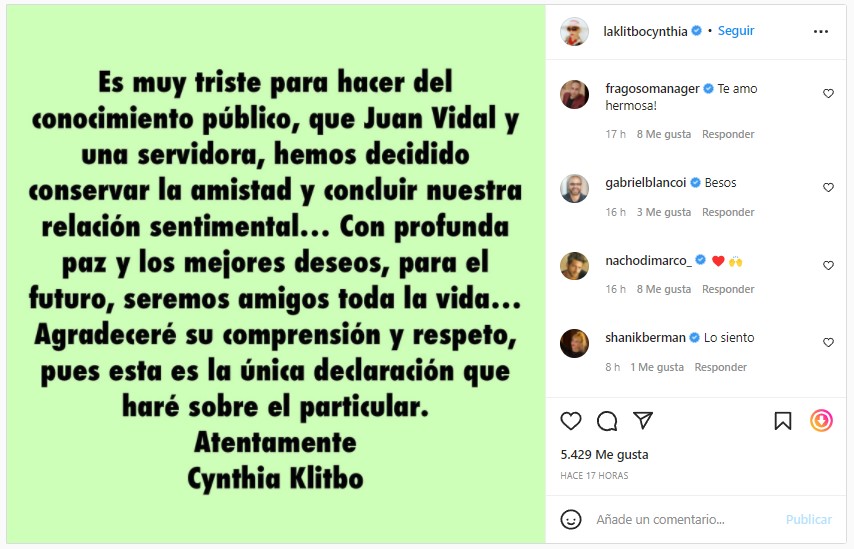 Cynthia Klitbo anuncia el fin de su romance con Juan Vidal