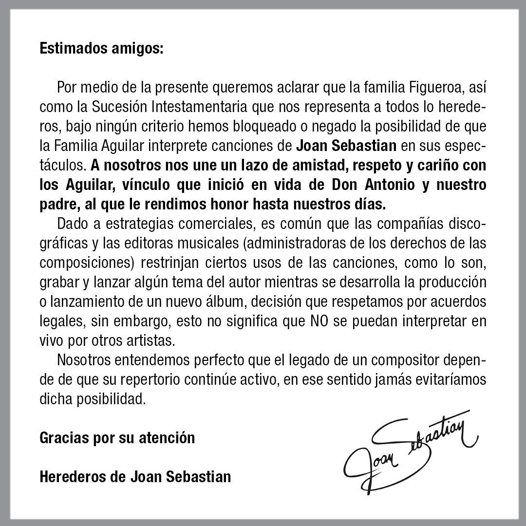Por este motivo la dinastía Aguilar tiene prohibido cantar temas de Joan Sebastián