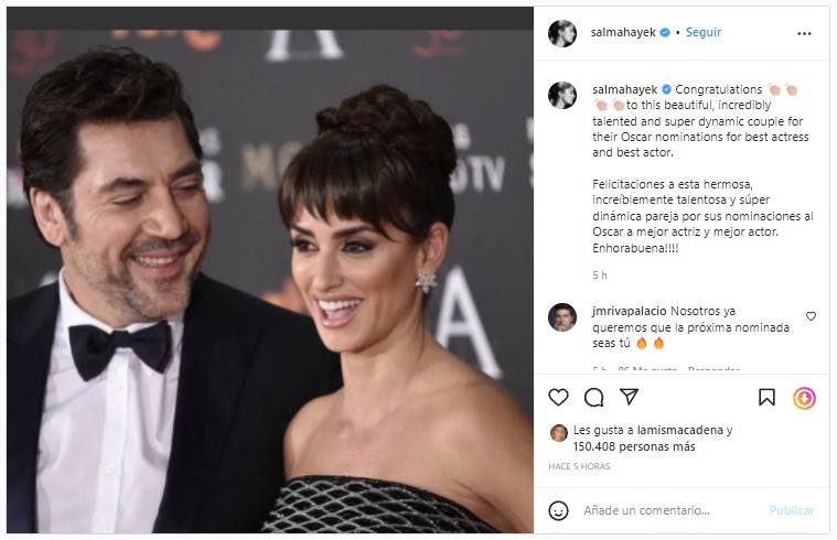 Salma Hayek felicita a Penélope Cruz y Javier Bardem por sus nominaciones al Oscar
