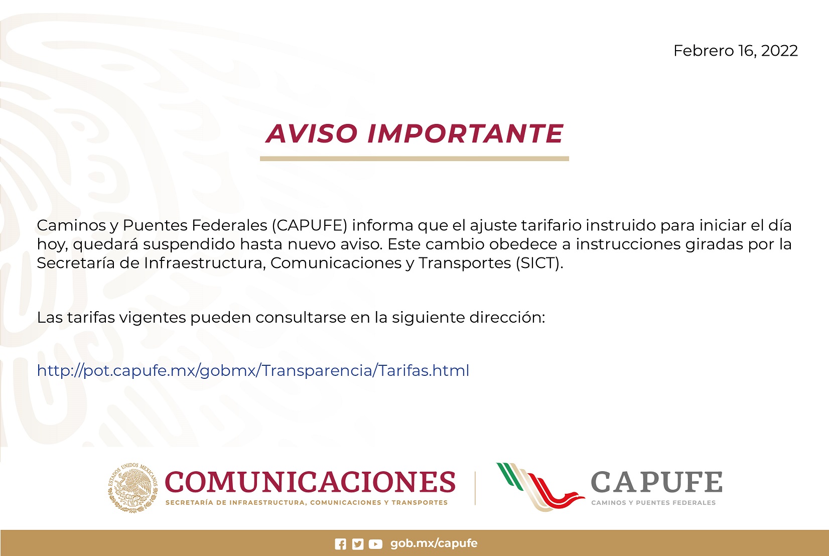Recula Capufe en aumento casetas de peaje; a partir de este miércoles 16 de febrero entraría en vigor un incremento del 7.36 por ciento.