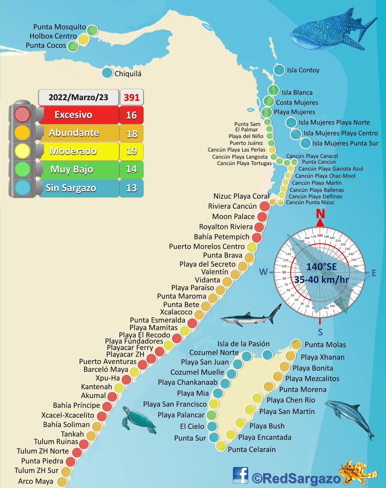Mapa y Semáforo del Sargazo en la costa norte de Quintana Roo.