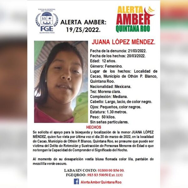 Reportan desaparición de niña en Othón P. Blanco