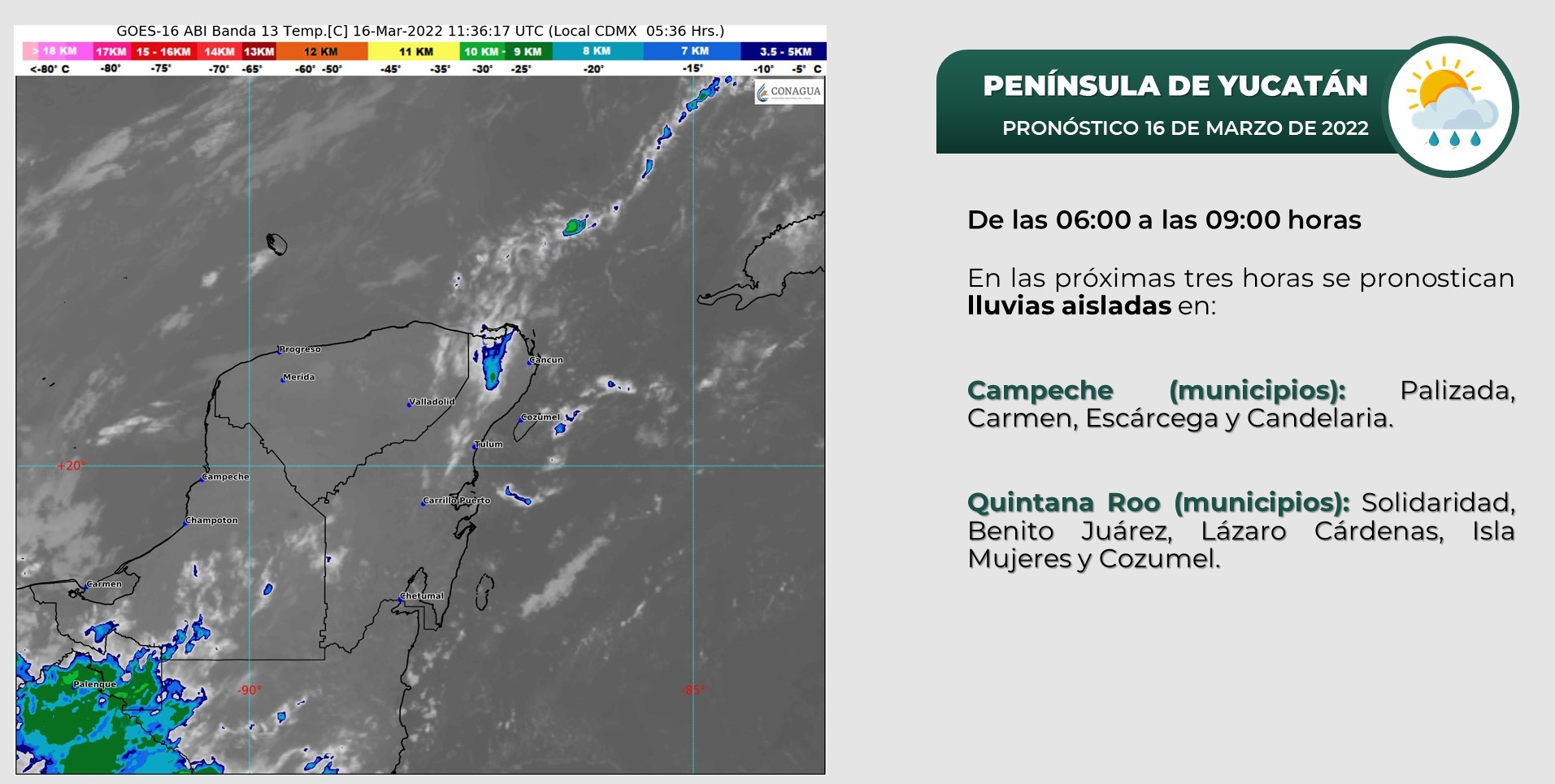 Pronóstico del clima para hoy miércoles 16 de marzo en Quintana Roo; el frente frío 36 ocasionará lluvias fuertes en la Península de Yucatán.