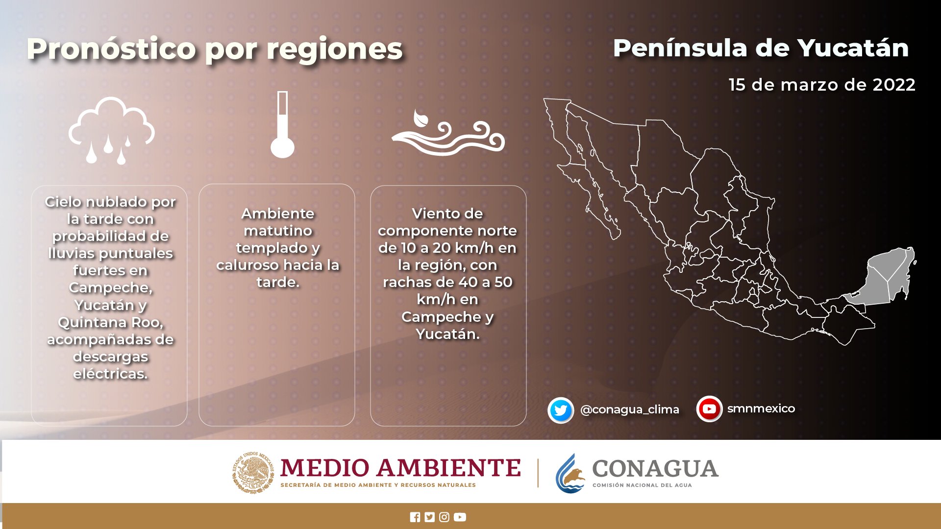 Pronóstico del clima para hoy martes 15 de marzo en Quintana Roo; se prevén lluvias fuertes para la entidad por la tarde.