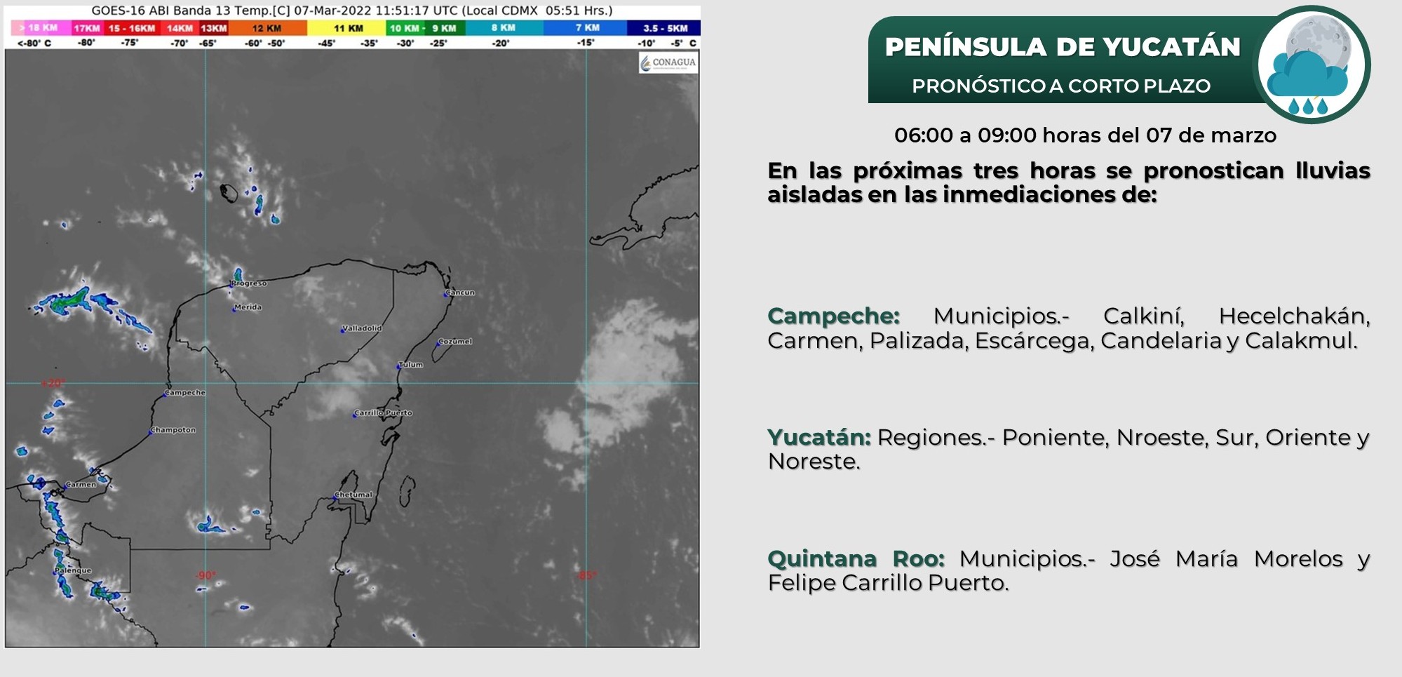 Pronóstico del clima para hoy lunes 7 de marzo en Quintana Roo; Cielo medio nublado a nublado por la tarde con probabilidad de chubascos.