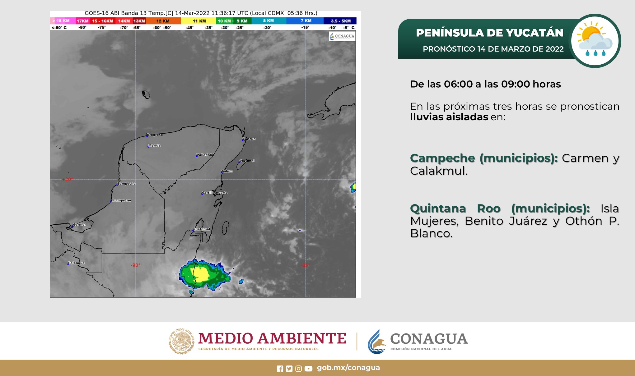 Pronóstico del clima para hoy lunes 14 de marzo en Quintana Roo; cielo nublado por la tarde con probabilidad de chubascos.