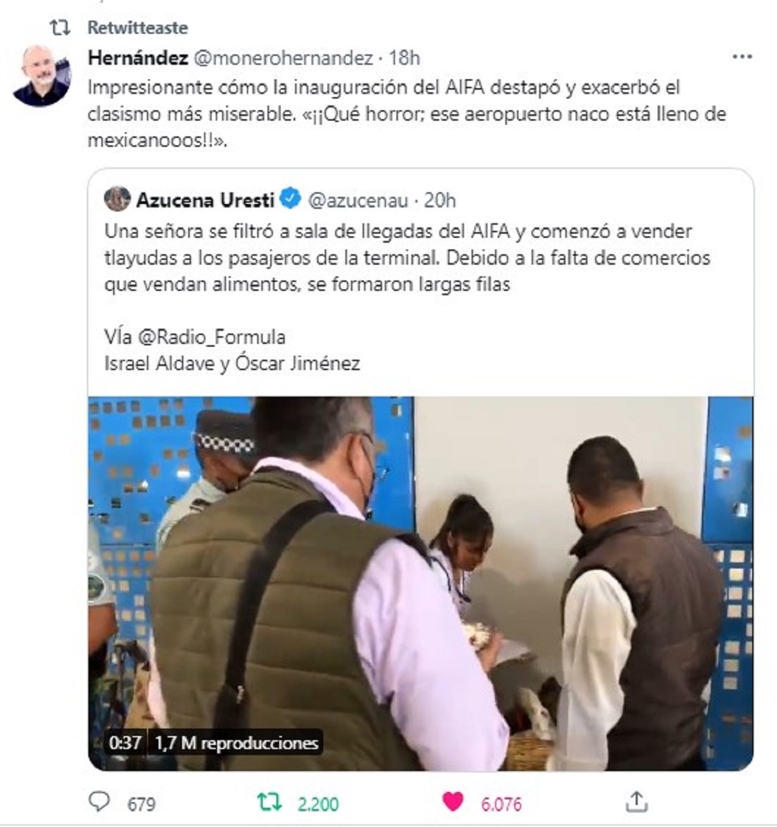 Respuesta del monero Hernández, al tuit clasista de Azucena Uresti.
