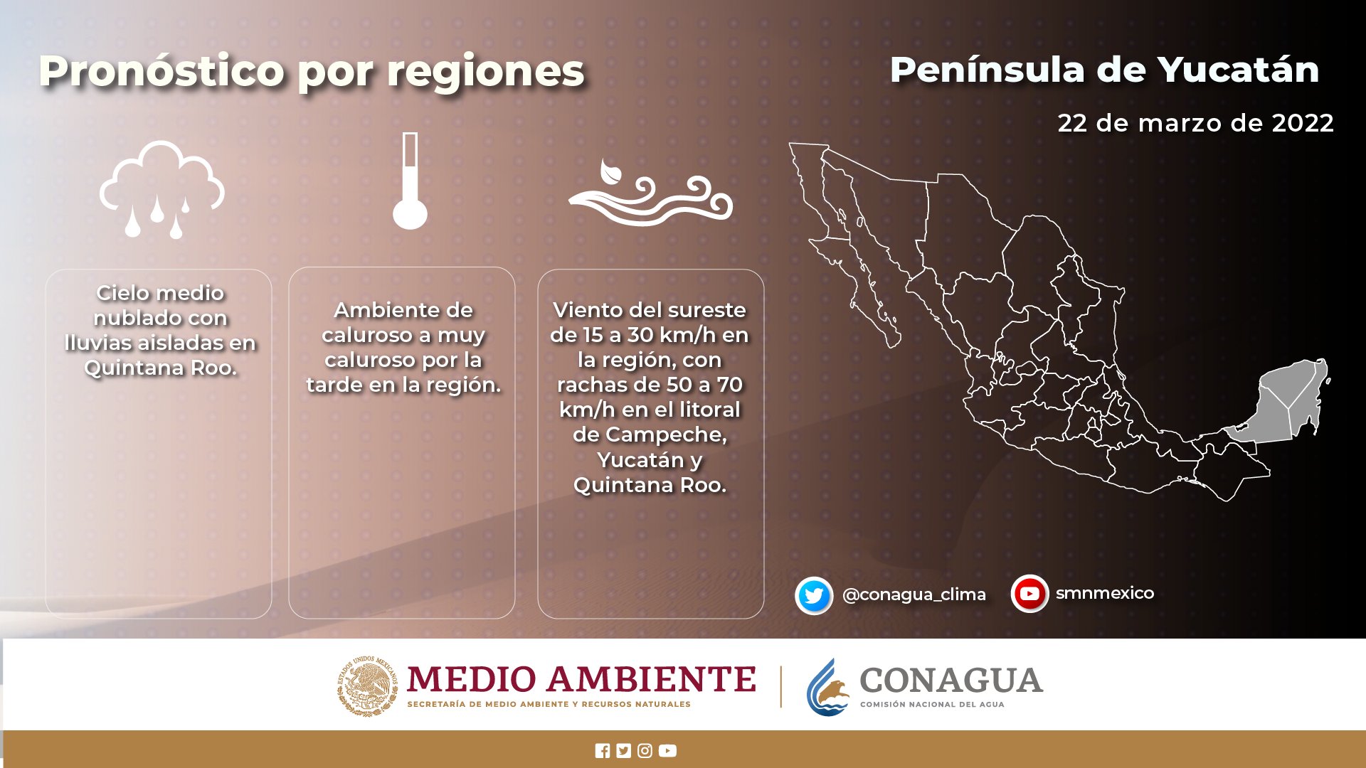 Pronóstico del clima para hoy martes 22 de marzo en Quintana Roo; cielo medio nublado con lluvias aisladas en el territorio estatal.