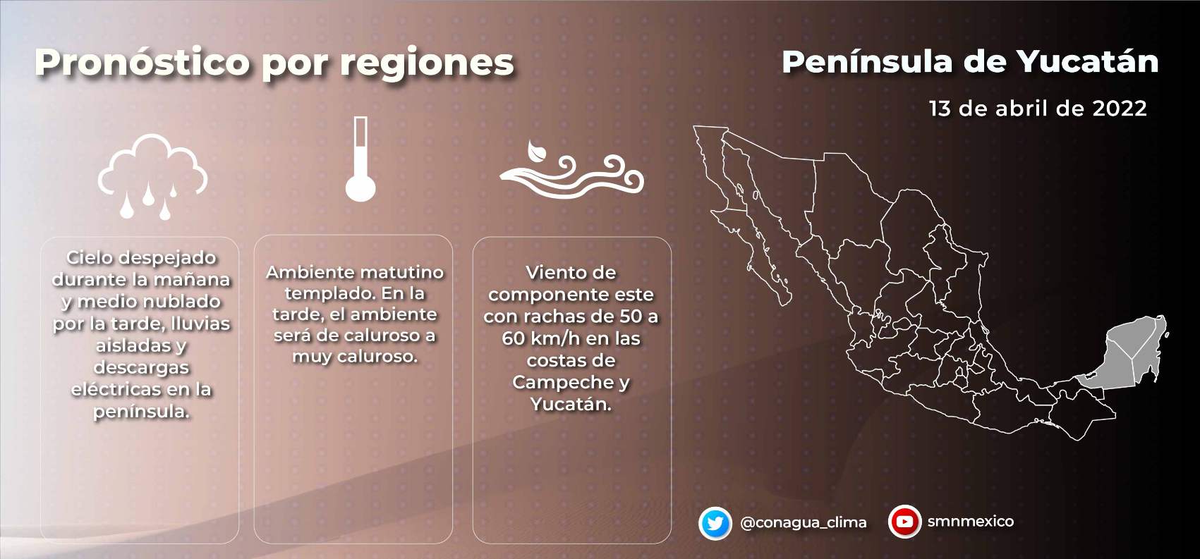 Pronóstico del clima para hoy miércoles 13 de abril en Quintana Roo; habrá algunos nublados y temperaturas calurosas.