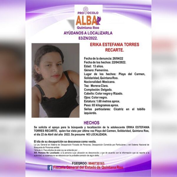 Desaparece adolescente de 13 años en Playa Del Carmen