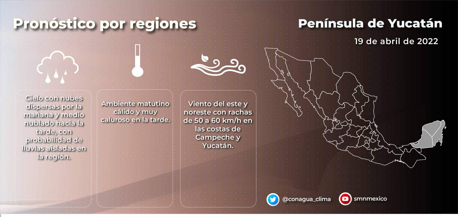 Pronóstico del clima para hoy martes 19 de abril en Quintana Roo; medio nublado hacia la tarde, con probabilidad de lluvias aisladas en la región.