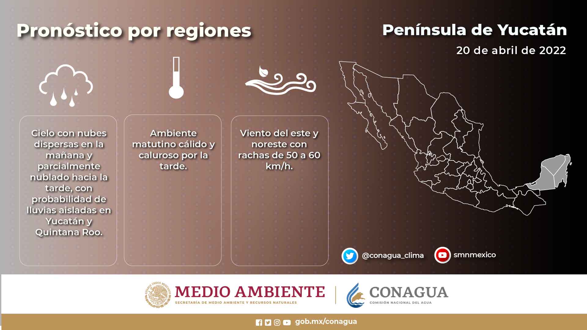 Pronóstico del clima para hoy miércoles 20 de abril en Quintana Roo; cielo nublado hacia la tarde con probabilidad de lluvias aisladas.